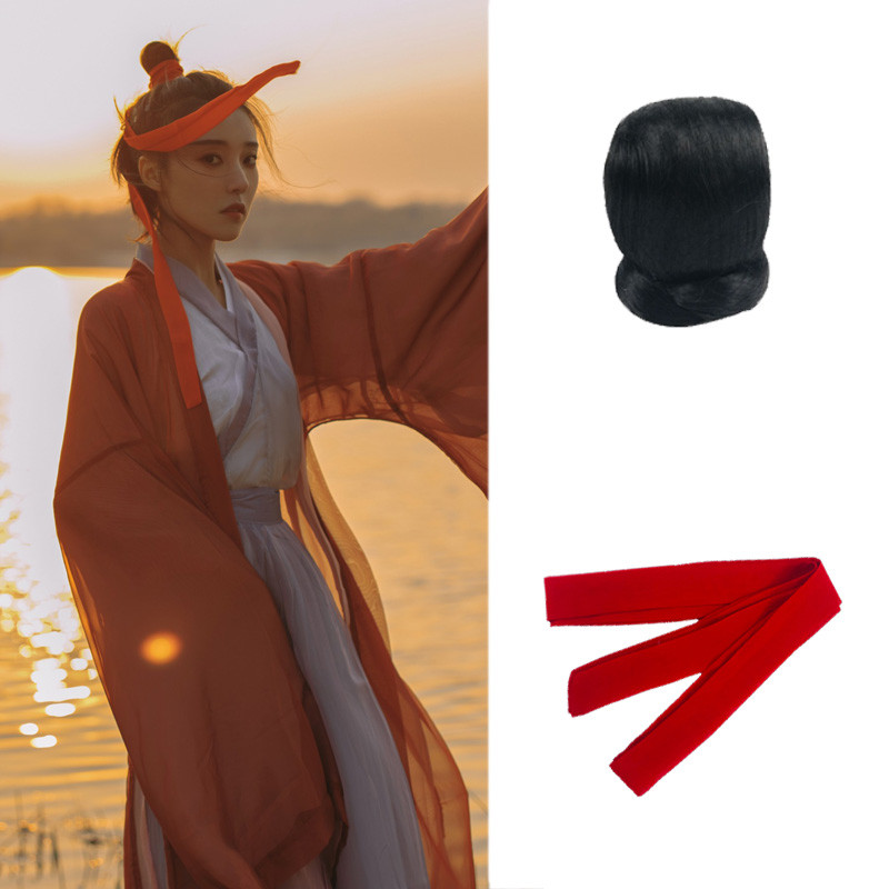 Traje antigo Hanfu peruca feminino herói cabelo coque faixa de cabelo combinação vestido feminino masculino antigo bola