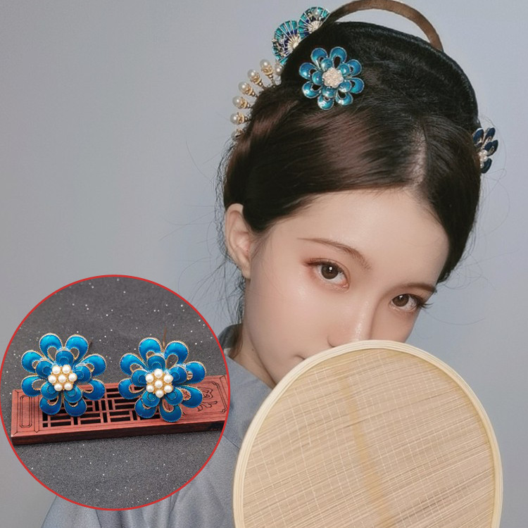 Cocar Hanfu queimado azul pequena flor grampo de cabelo feito Ming enfeite de grampo de cabelo estilo retrô acessórios d