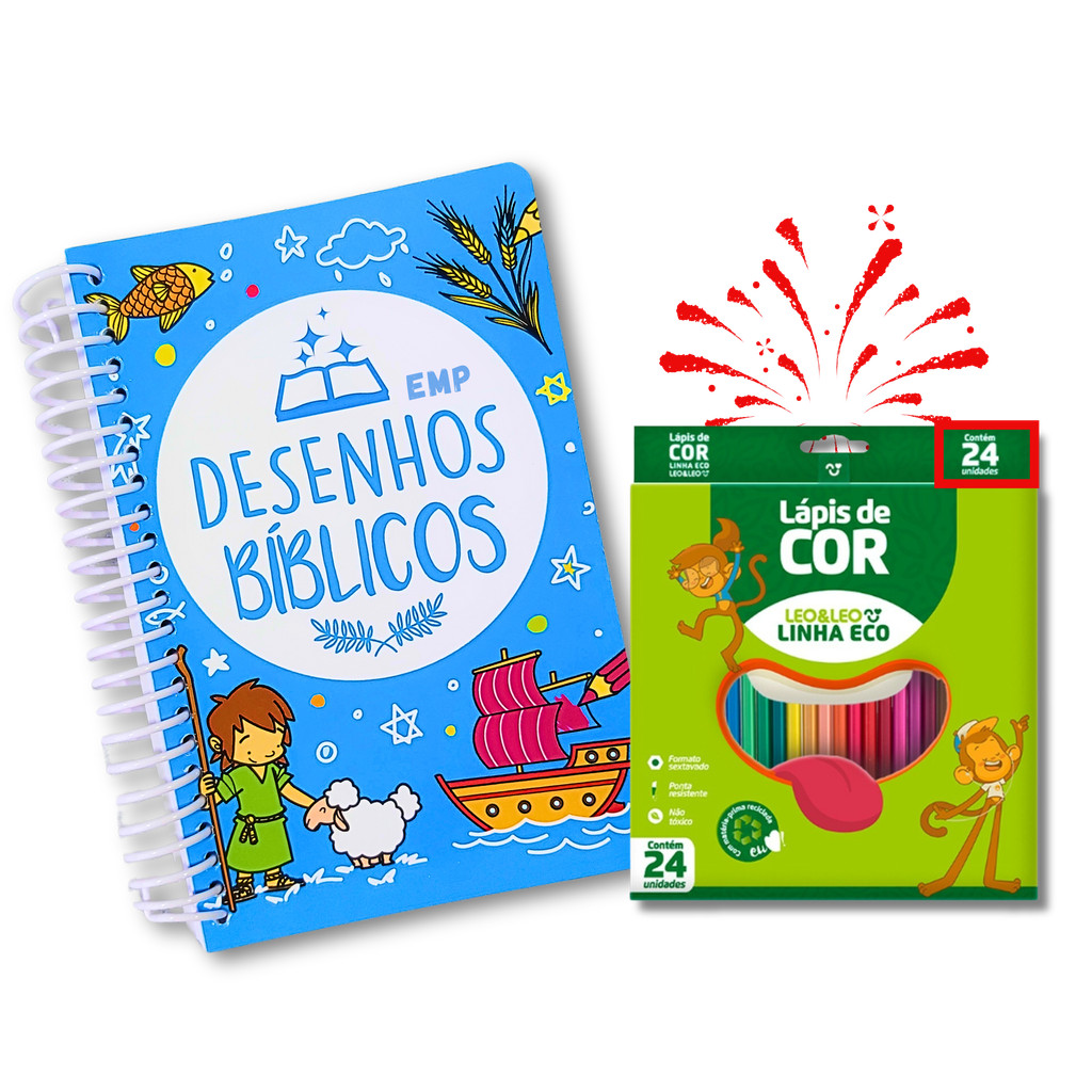Livro Infantil de Desenhos Bíblicos Espiral com Lápis de Cor Leo e Leo