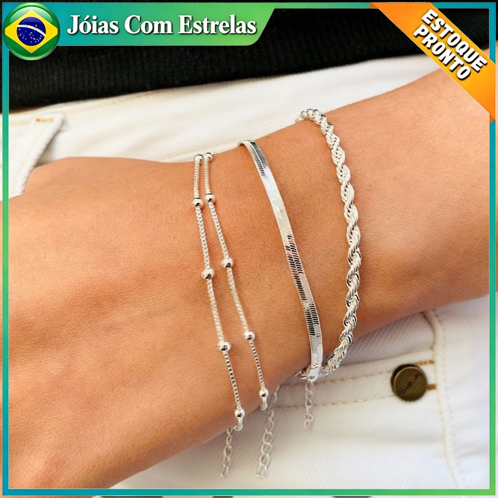 Kit 3 Pulseiras Prata 925 Folheada Cordão Baiano Fio Liso Metalizada Conjunto Pulseira Feminina de Bolinha