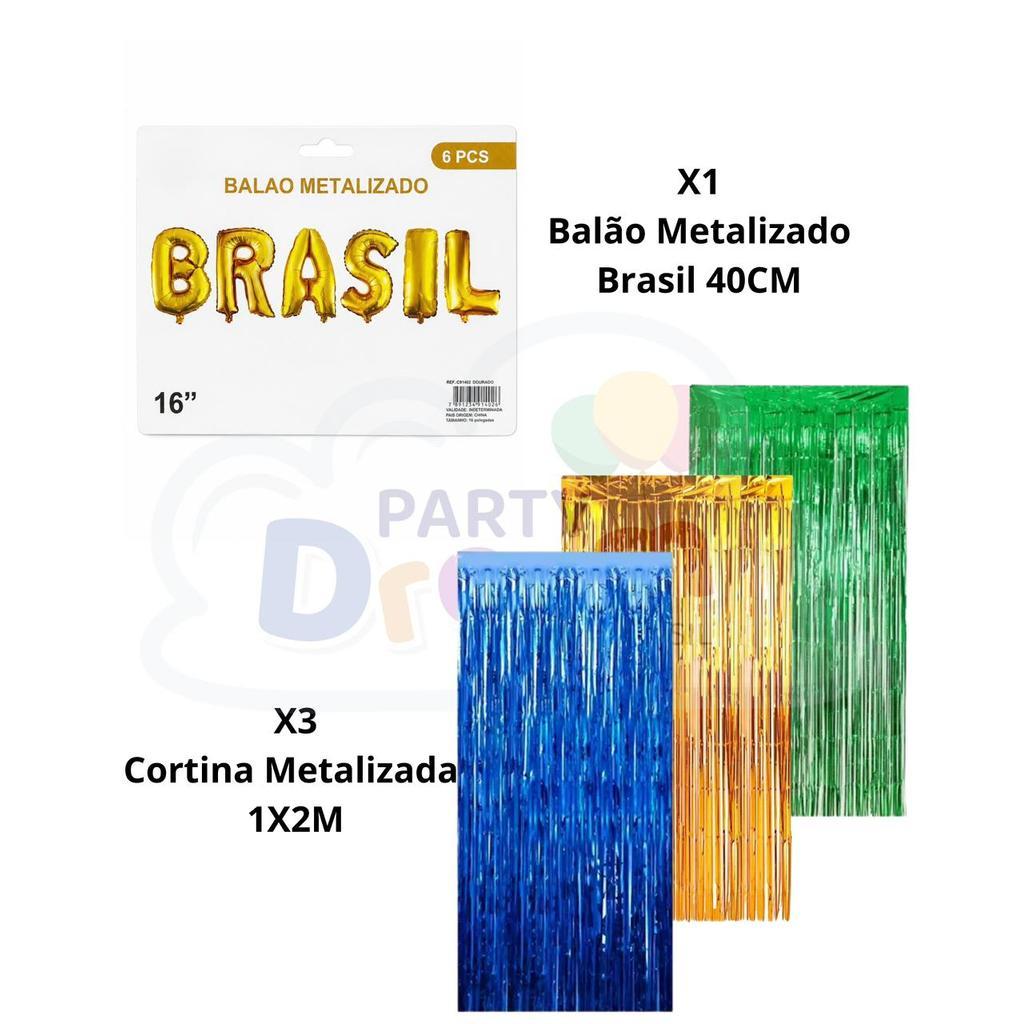 Balão Letras Brasil 40cm + 3 Cortinas Metalizada copa do mundo futebol decoração enfeite festa