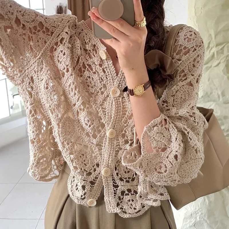 Blusa de Praia de Crochê de Manga Longa, Cardigã com Botões, Blusa de Férias Feminina, Roupas Boho