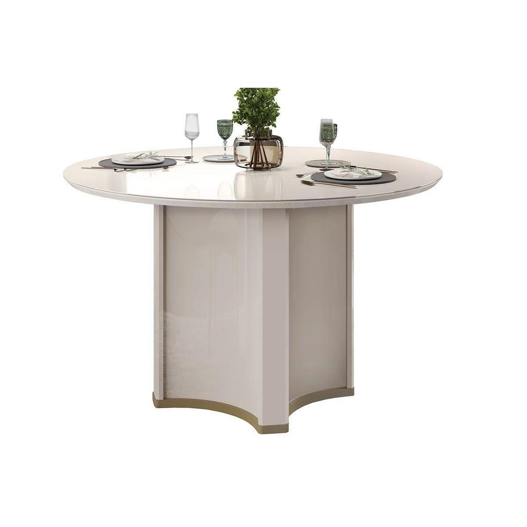 Mesa de Sala Jantar Chanel c/ Tampo Madeirado c/ Vidro Redondo 136x136cm Off White/Off White - DJ Móveis