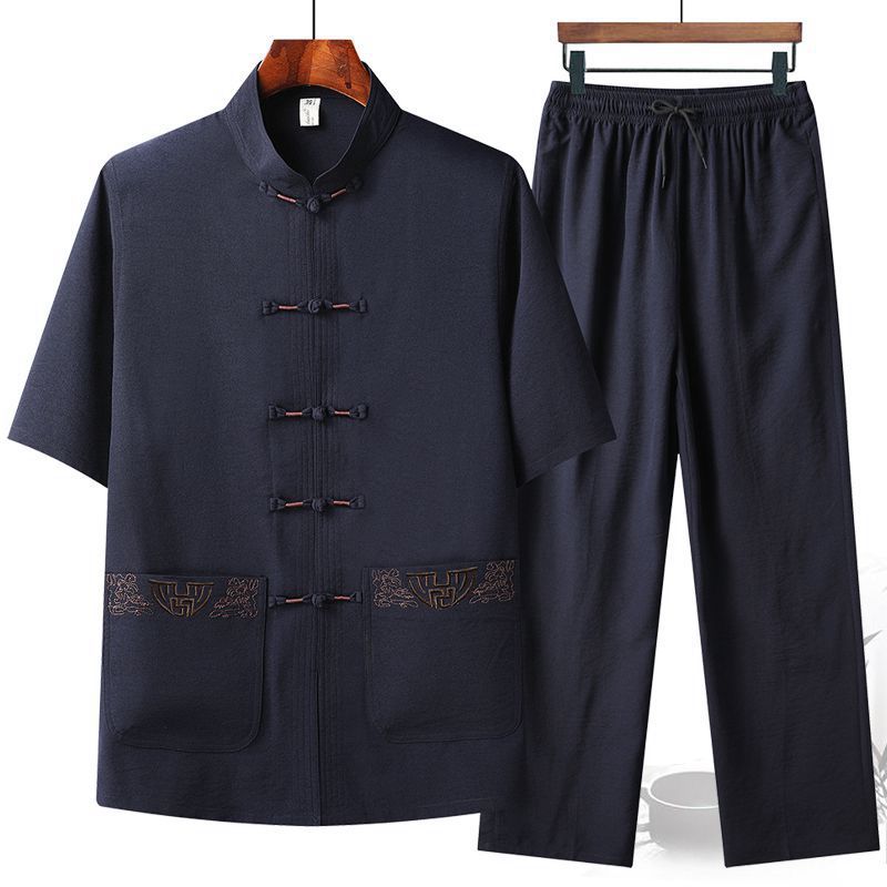 Idosos de meia-idade Hanfu masculino gelo seda verão manga curta Tang terno estilo chinês roupas masculinas pai roupas d