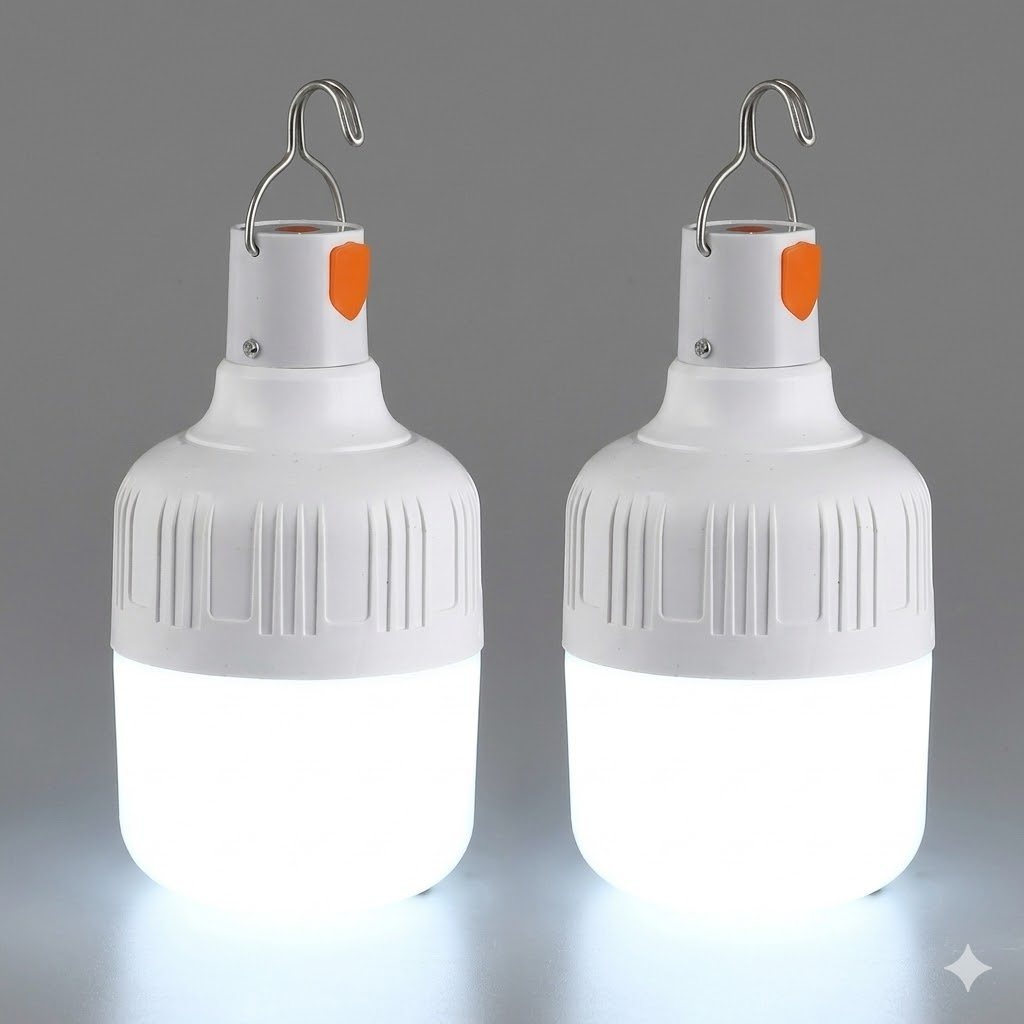Kit 02 Lâmpadas de Emergência Led 20W Lâmpada Recarregável USB Camping com Gancho Alta Potência