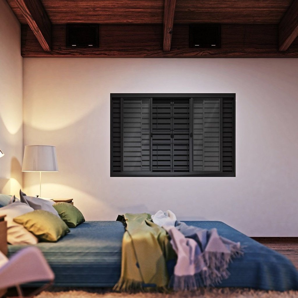 Janela de Aço Veneziana de Correr Central com Grade Quadrada 6 Folhas 120x150cm Aço Pronto Riobras