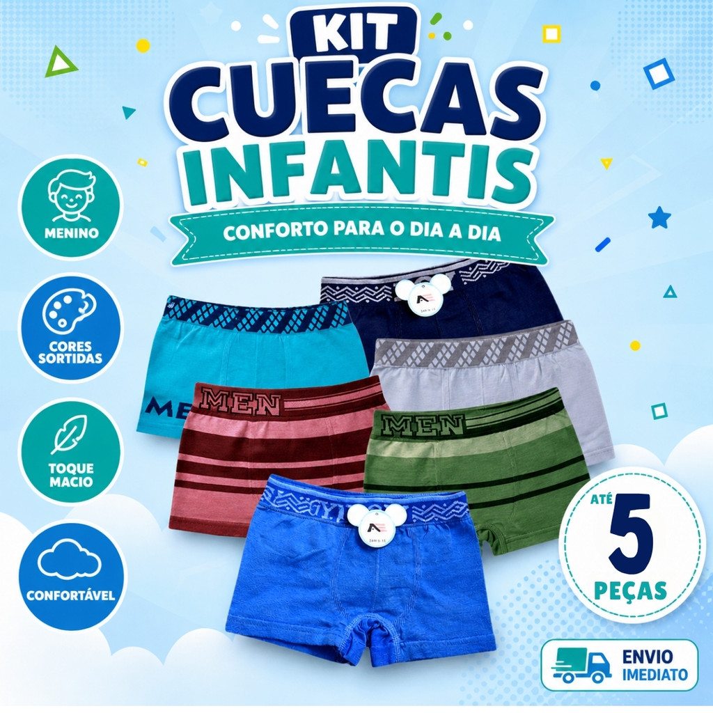 Kit Até 5 Cuecas ou Kit 3 Cuecas Boxer Bebe Infantil Sem Costura Microfibra Menino - Arthur