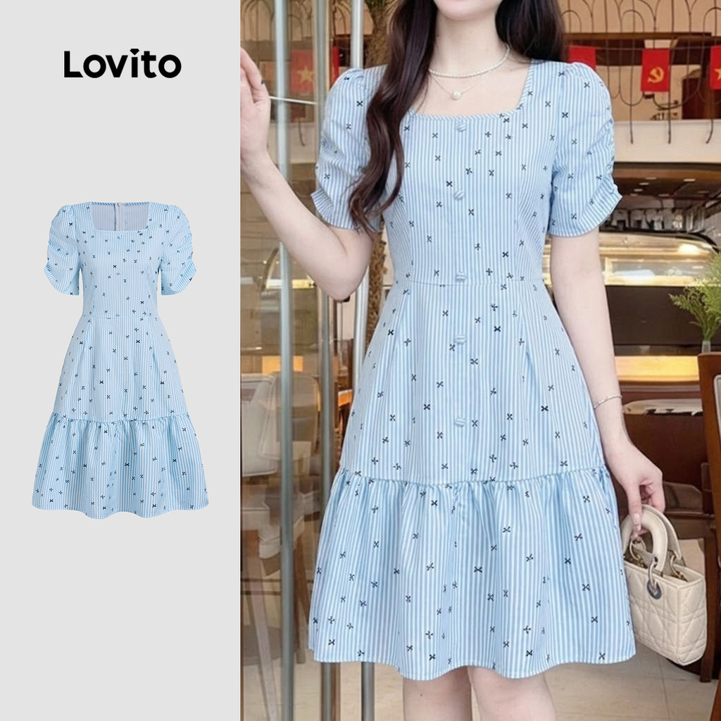 Lovito Listrado Elegante Vestido Com Babados Na Bainha Confortável E Estiloso Az