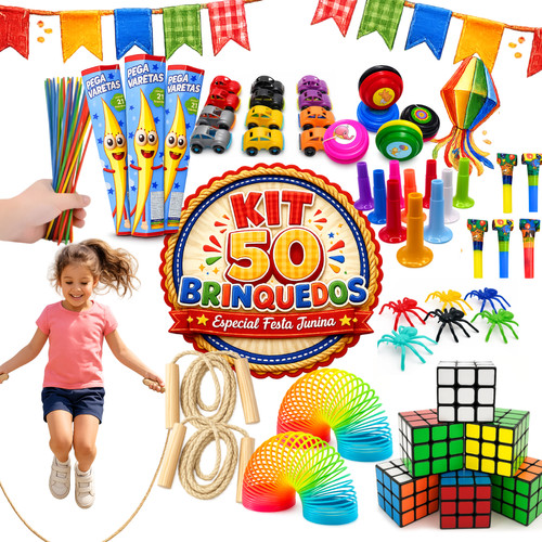 Kit 50 Brinquedos Prenda Lembrancinha Infantil Festa Junina Saquinho Surpresa Corda de Pular Cubo