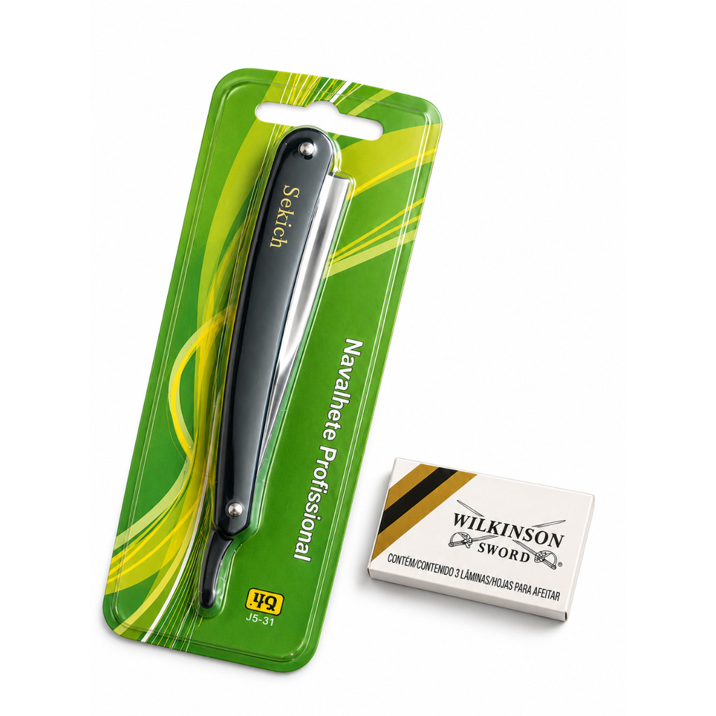 Kit 1 Navalhe Sekich Aço Inox C/ 3 Lâminas Wilkinson Sword, Para Barba, Cabelo e Sobrancelha