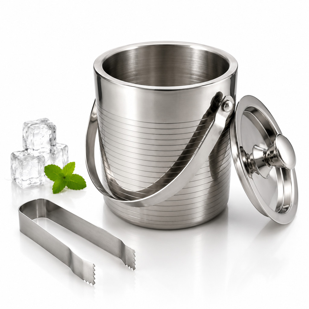 Balde De Gelo Inox 2l Parede Dupla Térmico C/ Tampa Pegador