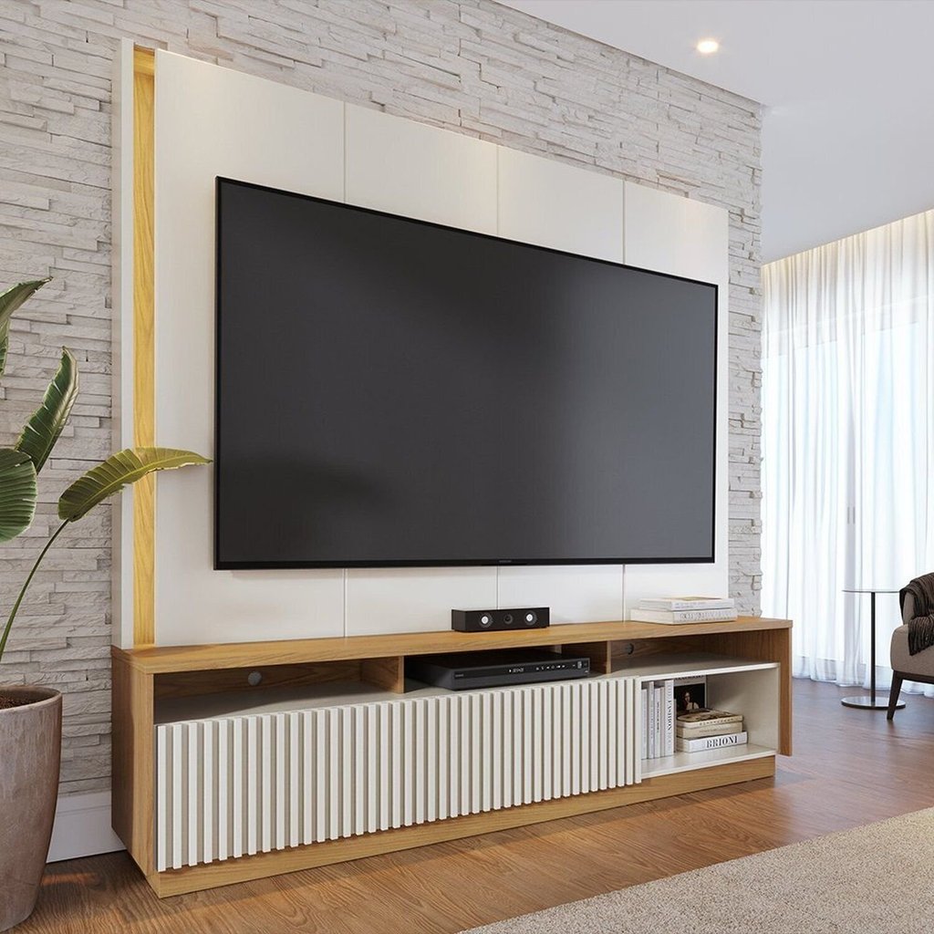 Estante para TV e Home Theater Ripado para TV até 75 Polegadas com LED 200CMX198,2cm LED 2 Portas Jordão Branco Off