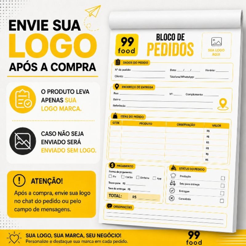Bloco de Pedidos 99 Food Personalizado 10x14 ou 20x14 cm | Talão Delivery Lanchonete Pedido Balcão Restaurante Delivery