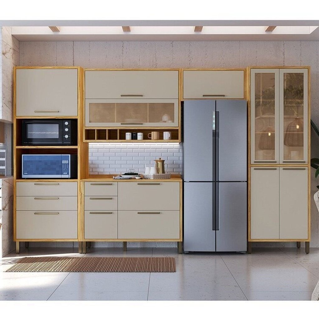 Cozinha Completa Modulada 100% MDF 5 Peças 11 Portas 5 Gavetas e Vidro 349cm Vicenza Espresso Móveis Bege/Amêndoa/Off