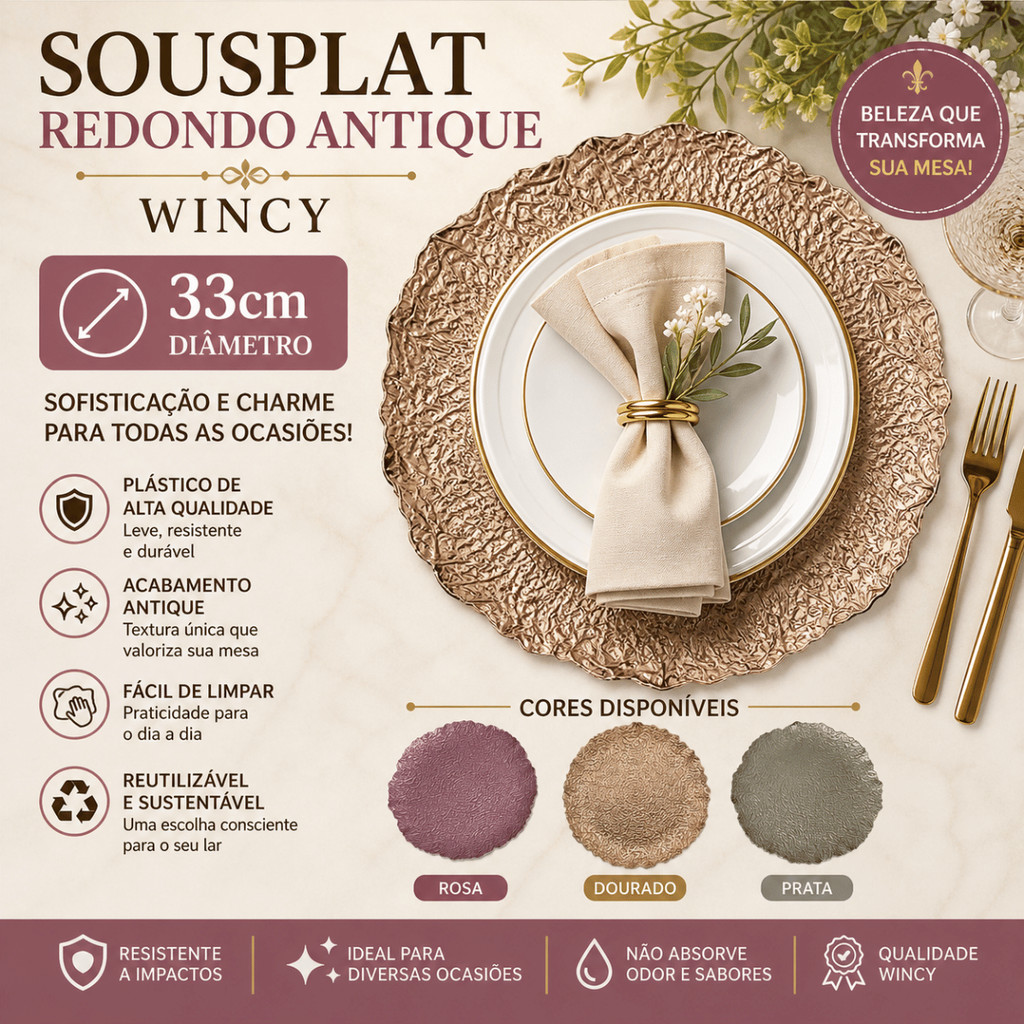 Sousplat 33cm Plástico Redondo Antique - Wincy / Mesa Posta Jantar Servir Decoração Elegante Luxo