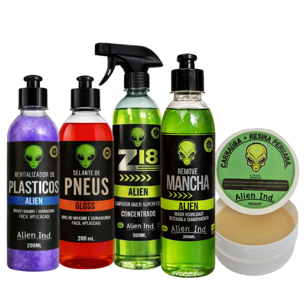 Kit 5 Produtos Alien Pretinho Pneu Cera de Polimento Revitalizador de Plastico Limpador de Teto