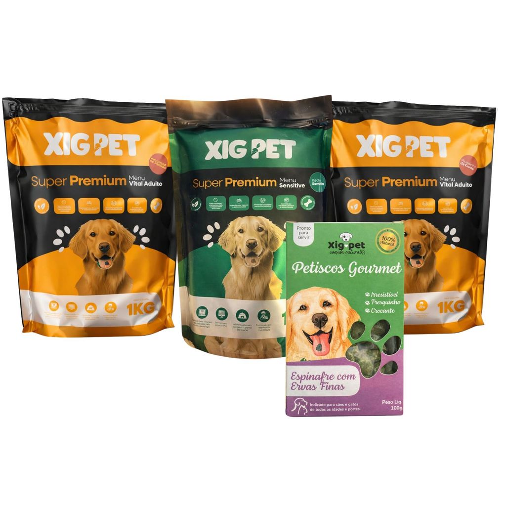 Kit 3 Comidas Alimentação Ração Natural Carne Frango e Suíno + Biscoito Petisco Espinafre e Ervas