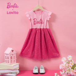 Barbie™ X Lovito Kids Casual Vestido Fofo de Lantejoulas Primavera/verão Rosa para Menina LB1AD004