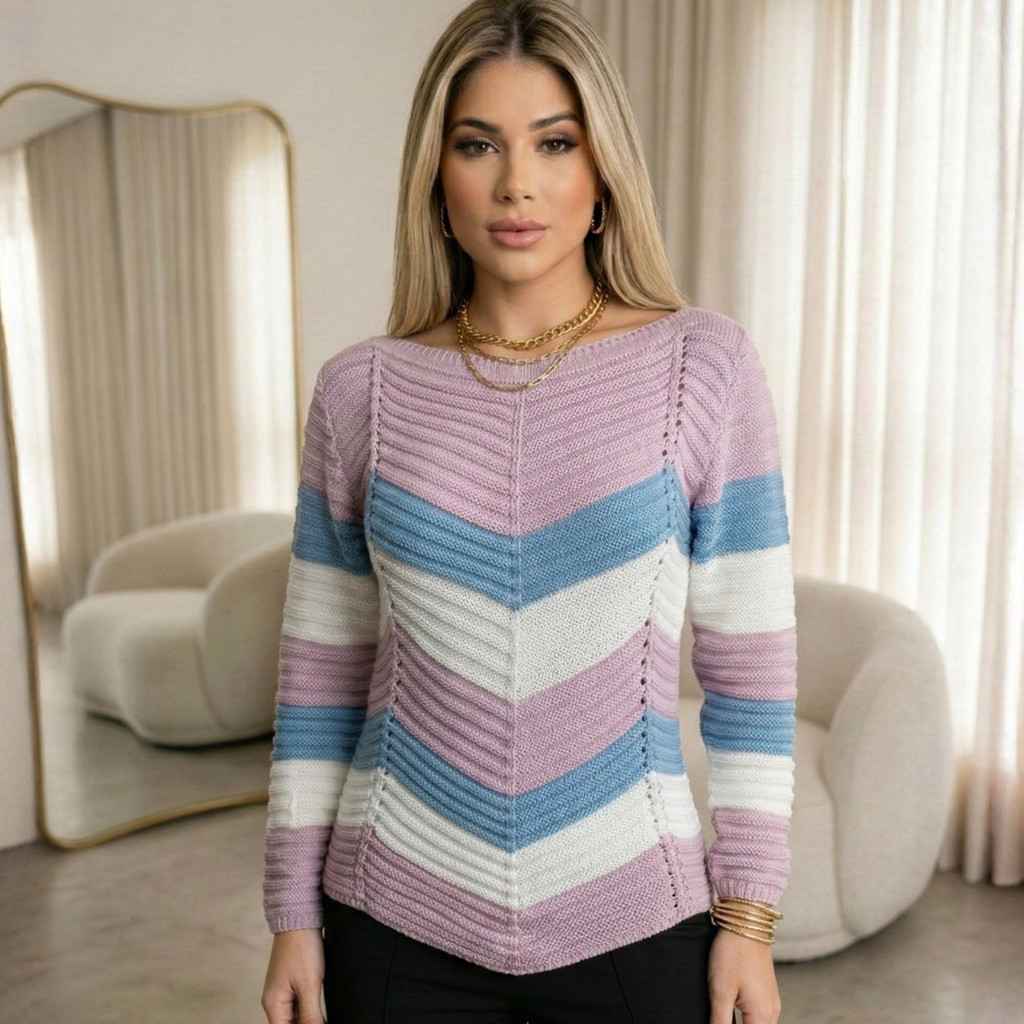 Blusa Tricot Manga Longa Feminina Zig Zag Canelada Inverno Moda Blogueira Luxo Lançamento Elegante