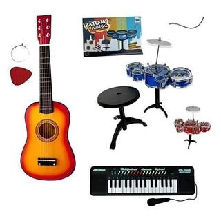 Kit Mini Bateria com 3 Tambores Baquetas Banquinho Violão Teclado Musical 32 Teclas Microfone Plástico Metal 46cm x 39cm