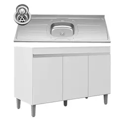 Balcão de Cozinha Com Pia Inox 120cm 3 Portas Manu Branco - AJL Móveis