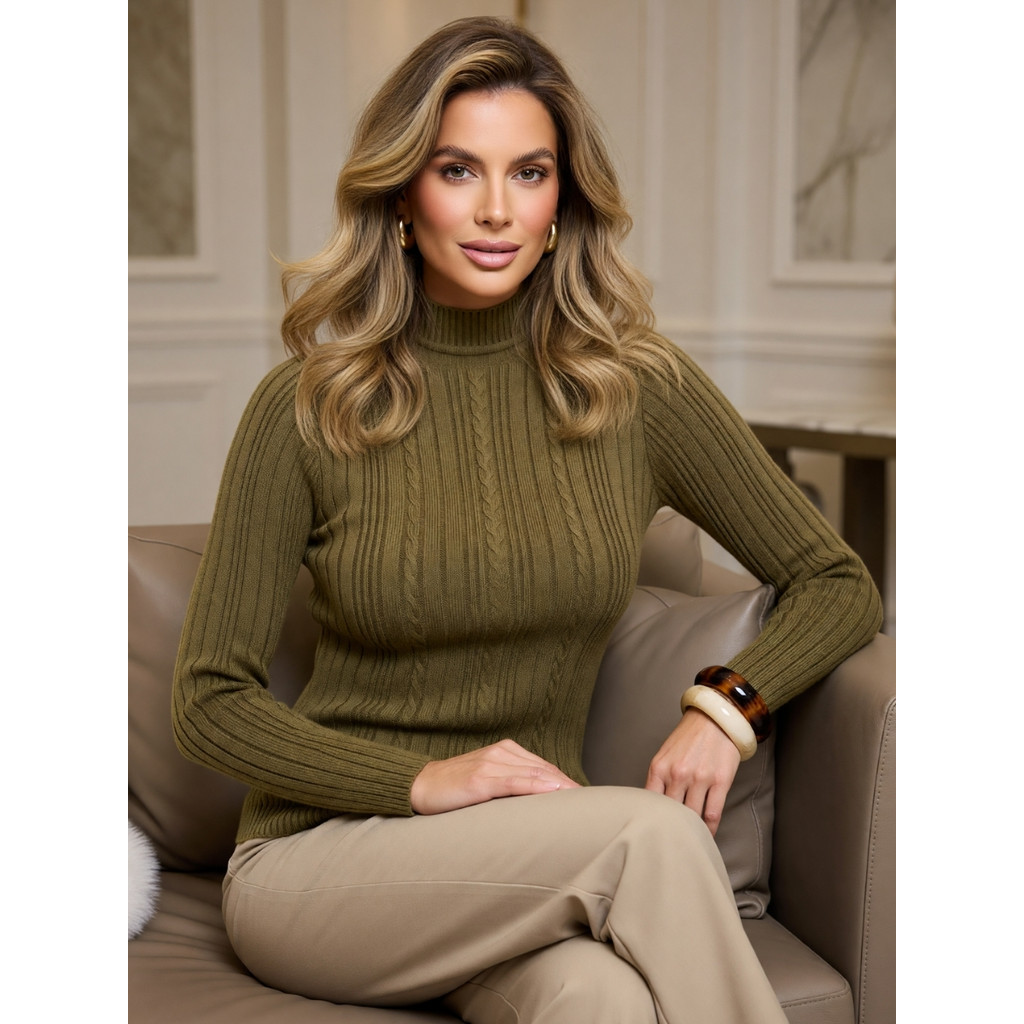 Suéter Feminino Modal Tricot Canelado Gola Alta Manga Longa Blusa Inverno