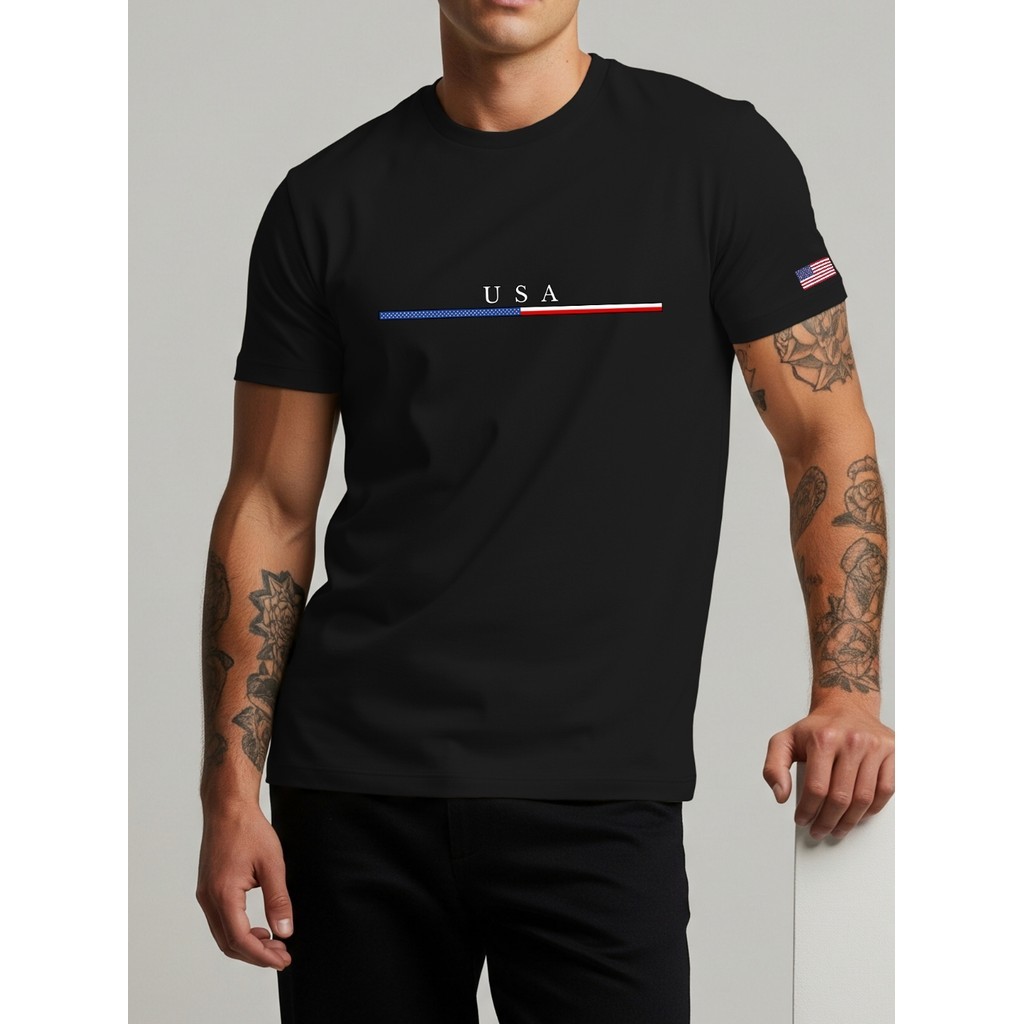 Camiseta Masculina Básica EUA Estados Unidos Faixa Cores Estados Unidos Ombro Bandeira