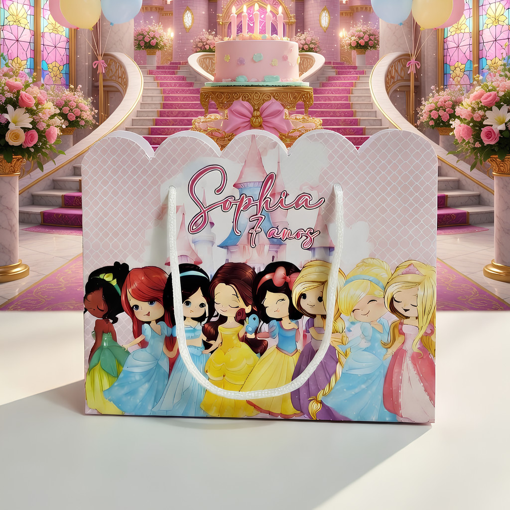 Kit Sacolinha Sacola Papelaria Personalizada Princesas da Disney Cute Baby Sacolinha de Lembrancinha Caixinha para Festa