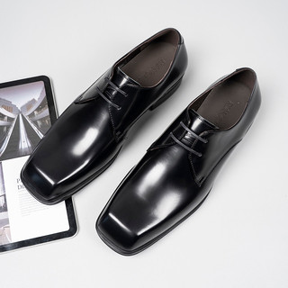Sapatos Derby masculinos de alta qualidade com bico quadrado, couro envernizado preto, sapatos pequenos de couro, salto 