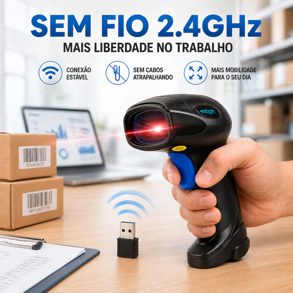 Leitor Código de Barras Sem Fio Exbom 2.4GHz USB Wireless LCB-S600A Alta Velocidade Sem Instalação