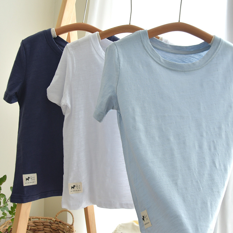 Algodão Slub ultrafino ~ meninos meninas cor sólida macio pele-amigável camisetas de manga curta médio grande crianças