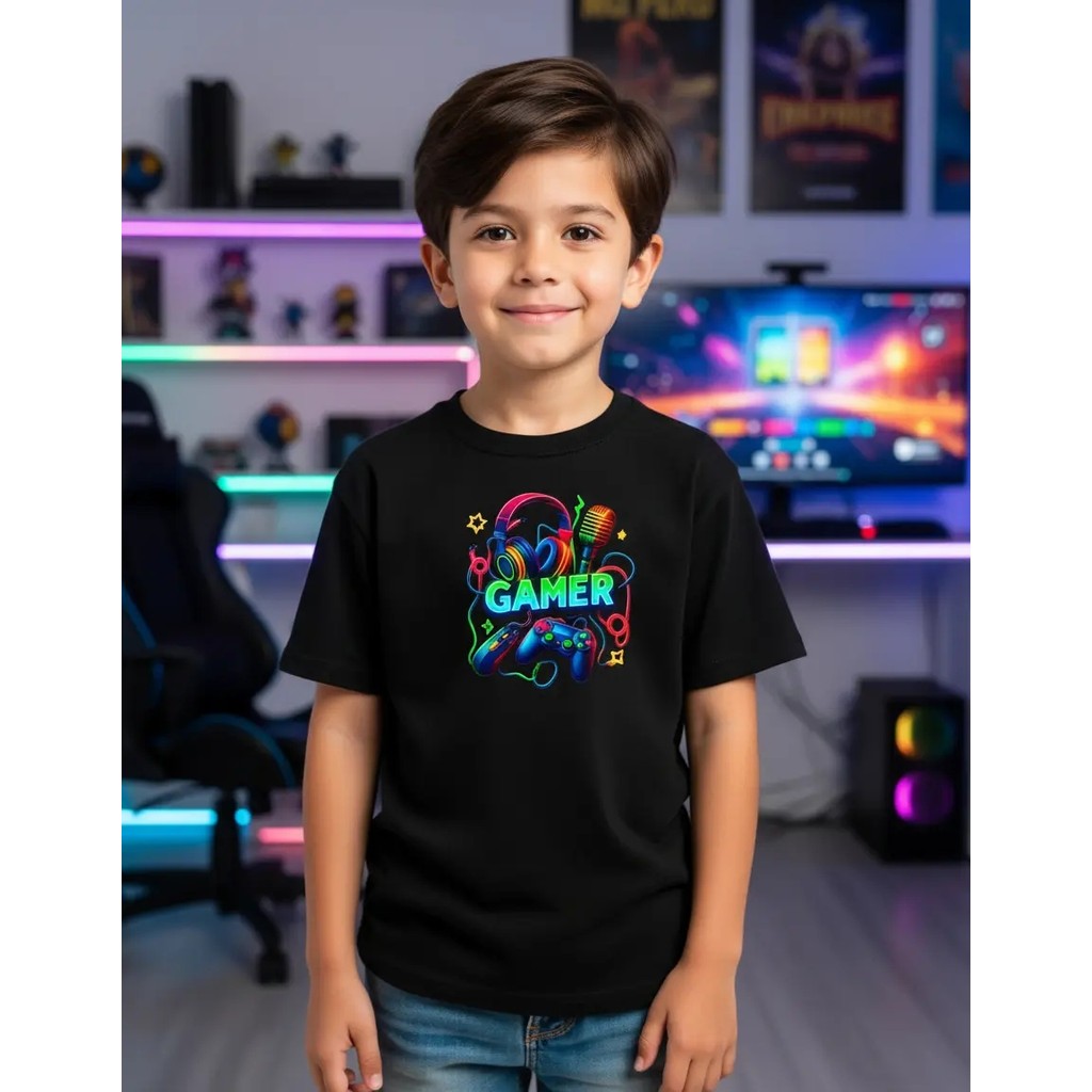 Camiseta Infantil Estampada Gamer Neon Divertida  Divertida Menino Menina 100% Algodão Confortável Dia a Dia Estilosa