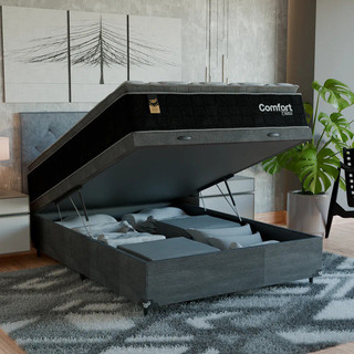 Cama Box Baú Viúva + Colchão Comfort Class Pillow Top Preto/suede Cinza