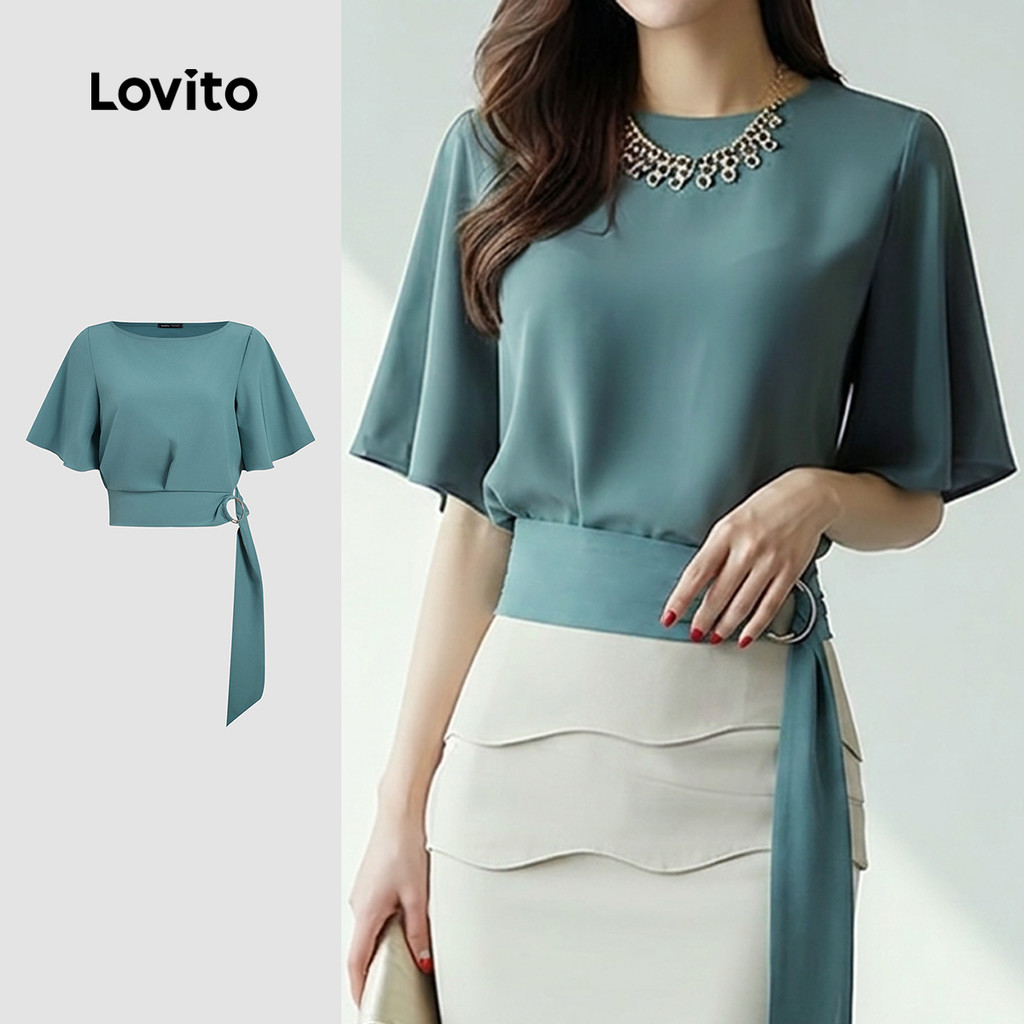 Lovito Blusa Casual com Fivela de Metal Verde para mulheres LK4AD091