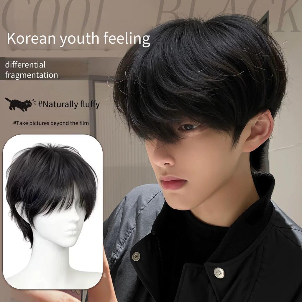T TSE peruca masculina estilo coreano atmosfera sentir preto marrom ligeiramente fragmentado capa fofo respirável adoles