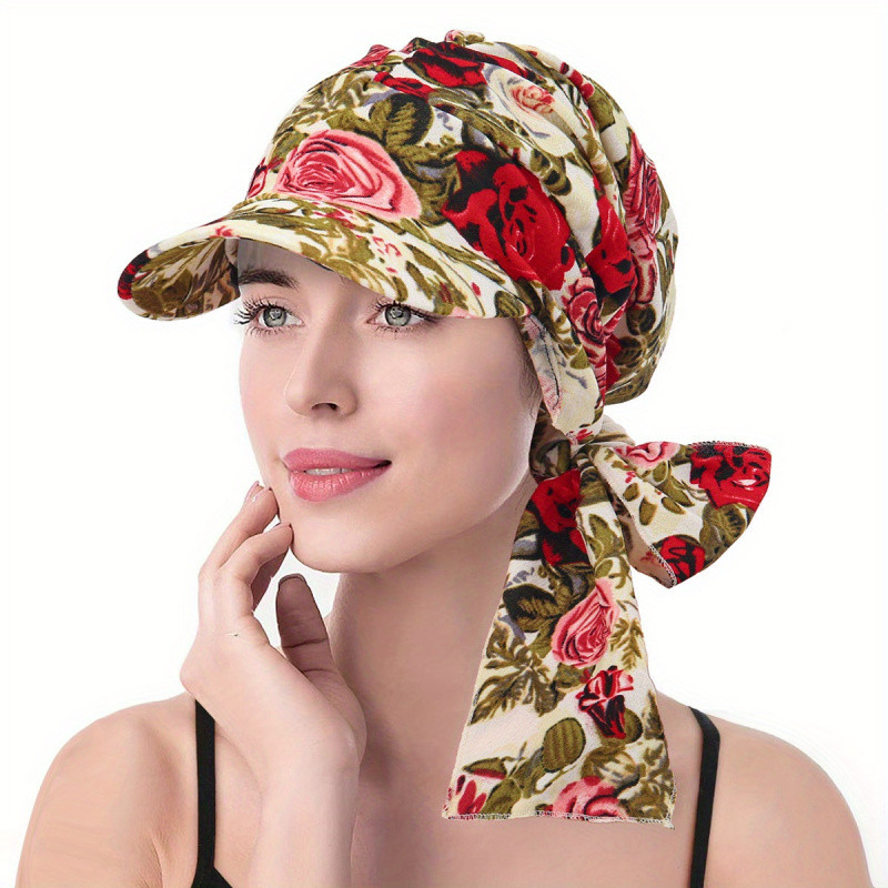 Novo Boné de Beisebol com Estampa de Leopardo e Flor, com Aba e Lenço de Cabeça, Boné com Lenço Floral, Boné Muçulmano p