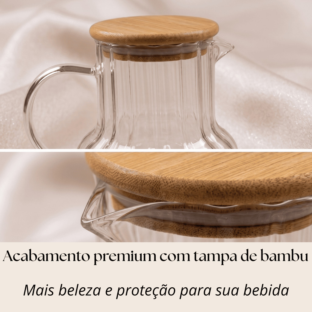 Detalhes do Jarra Vidro Borossilicato Tampa Bambu Água Suco Chá Canelado 620ml Mesa Cabeceira Luxo CHEF D