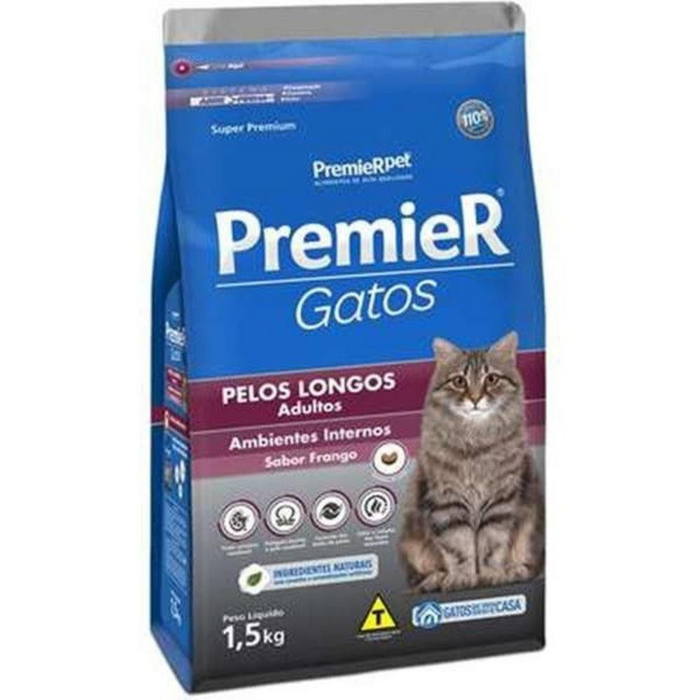 Ração Premier Gatos Pelos Longos Frango 1,5Kg