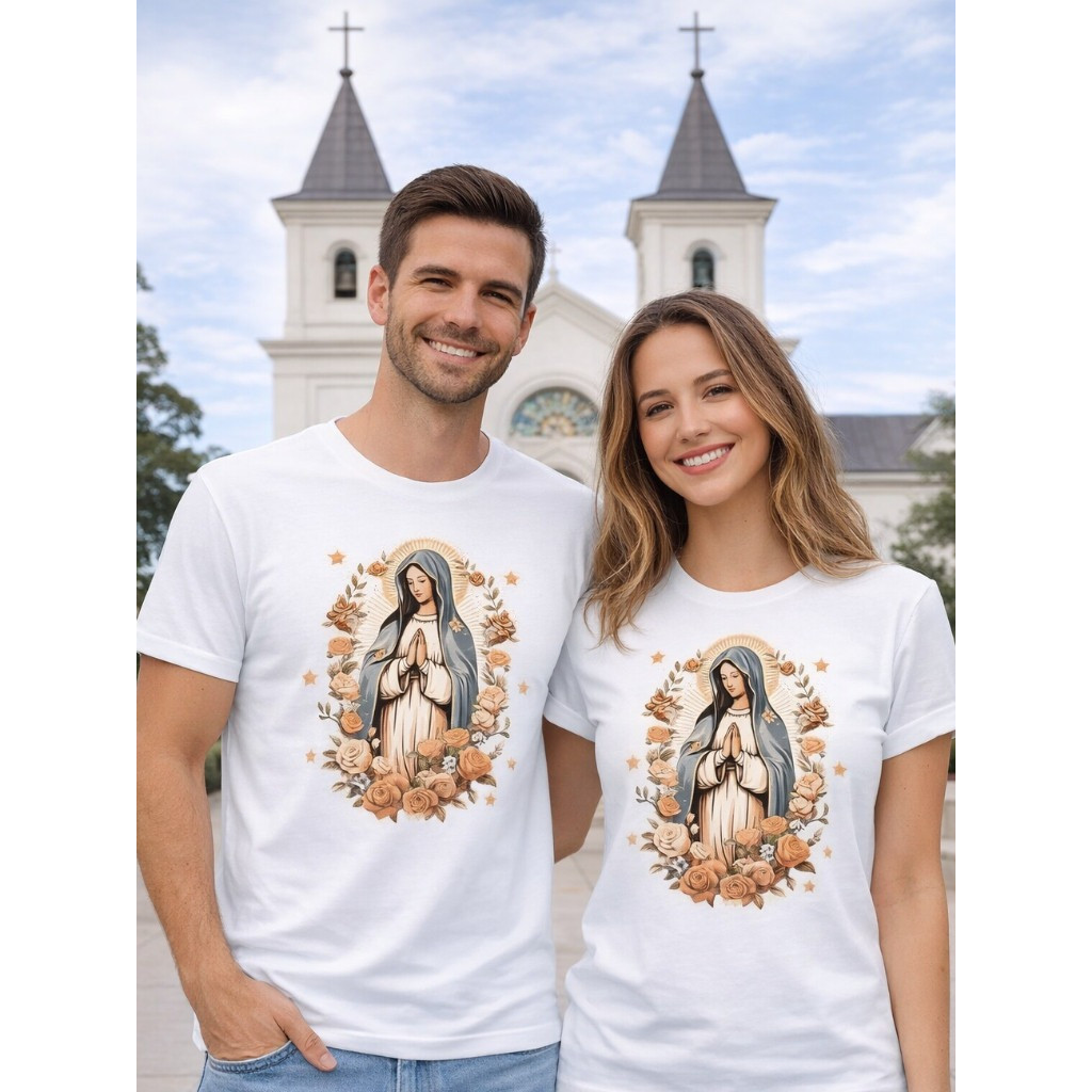 Camiseta Feminina Estampada Virgem Maria Blusa Country Camisa 100% Algodão T-Shirt Estilosa