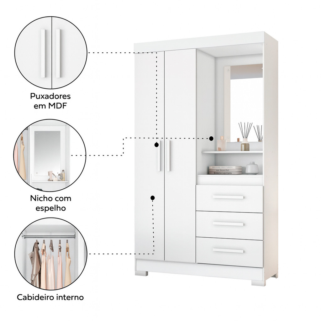Guarda-Roupa Roupeiro Solteir Flex 2 Portas 3 Gavetas Cabideiro e Espelho Compacto Branco - Notável · foto 2