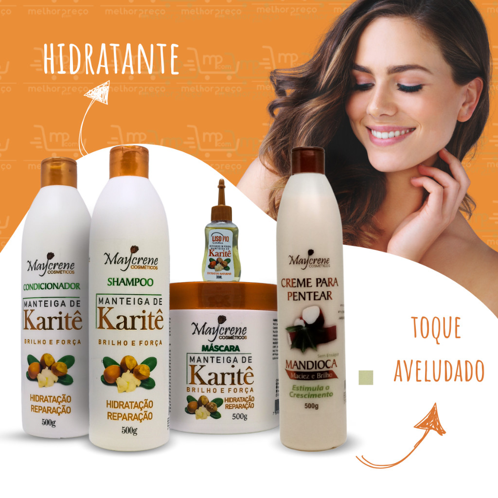 Kit Manteiga De Karité Maycrene (shampoo, Condicionador, Máscara, Creme p Pentear Mandioca e Óleo Reparador Karité 30ml)