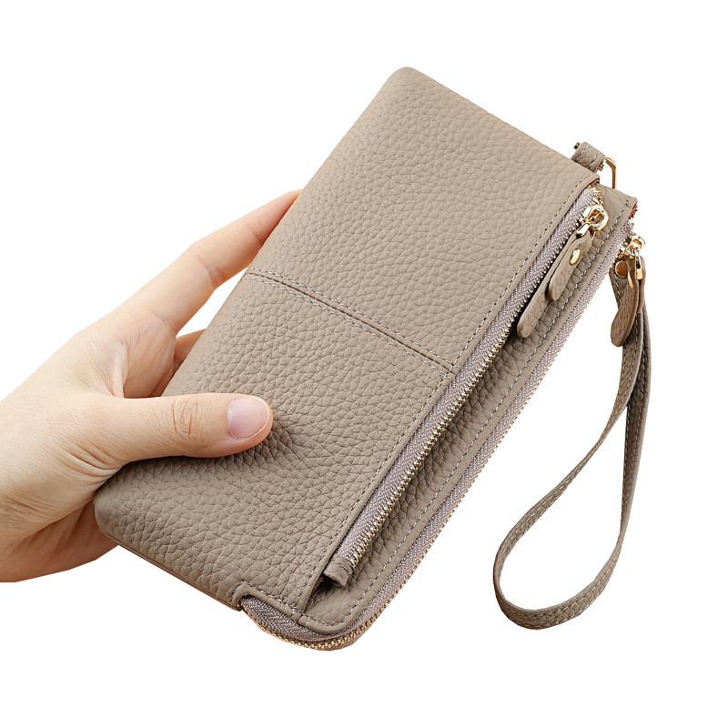 Nova carteira longa feminina multifuncional de couro genuíno com zíper de três camadas Bolsa para celular de grande capa