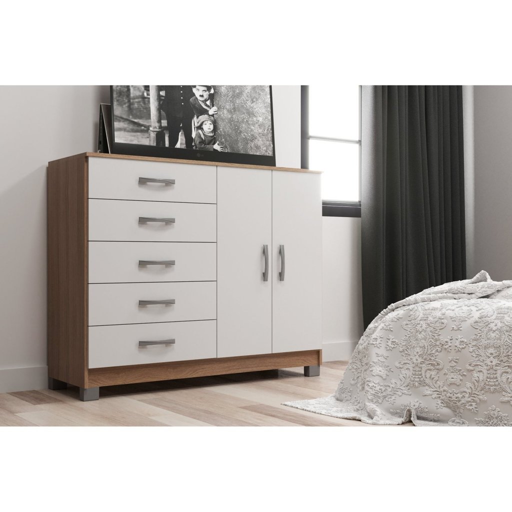Cômoda para Quarto 5 Gavetas e 2 Portas Premium Branco/Demolição Demolição/Branco