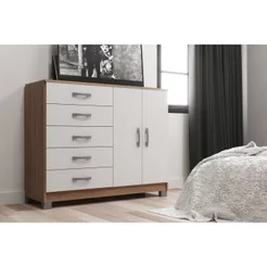 Cômoda para Quarto 5 Gavetas e 2 Portas Premium Branco/Demolição Demolição/Branco