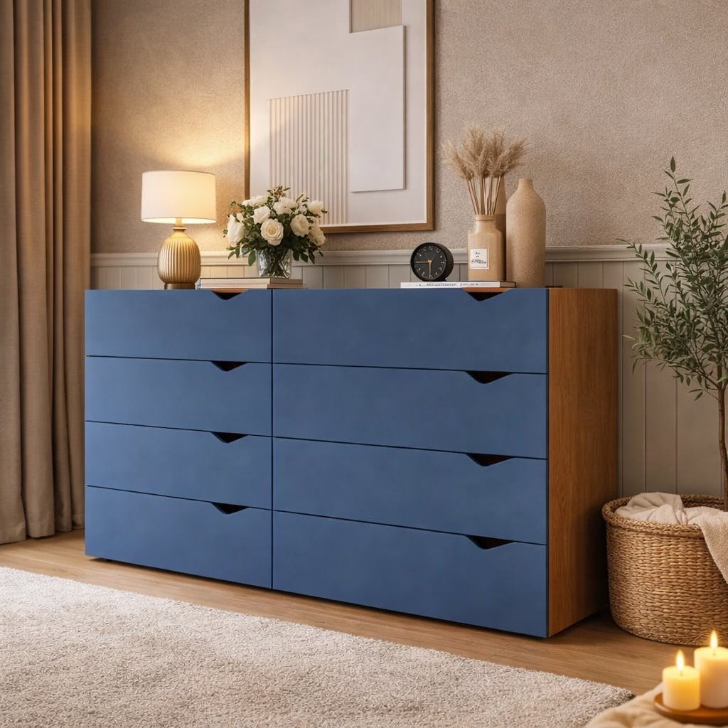 Cômoda 8 Gavetas 83,5x150,1x46 cm Porto Azul/Freijó Freijó/Azul