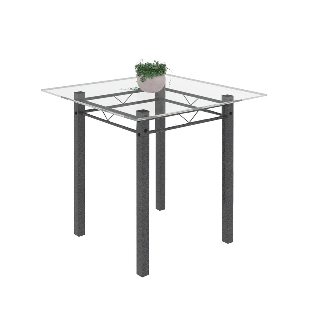 Mesa Tubular 75x75cm Tampo de Vidro 4 Lugares Júlia Martelado Prata