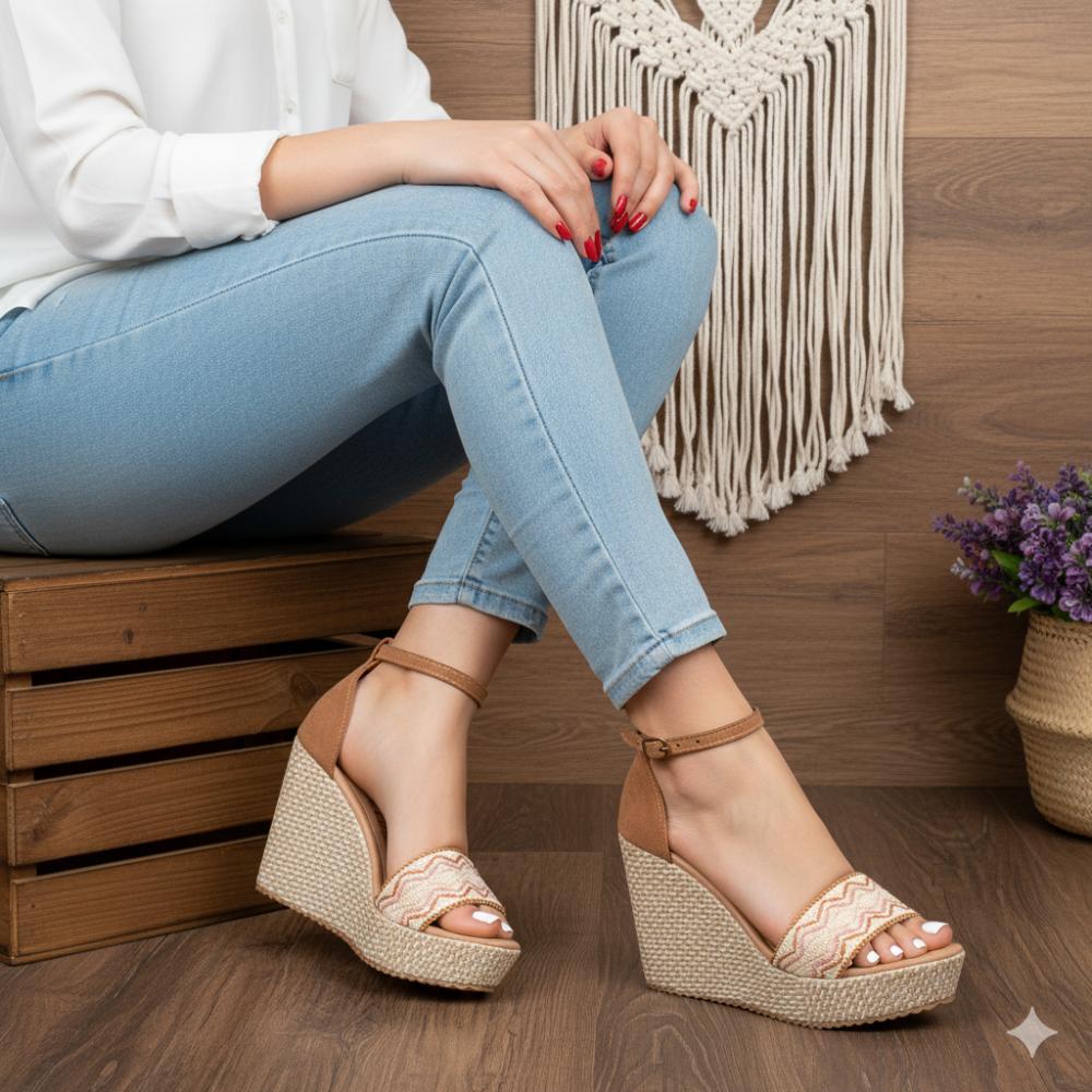 Sandália Anabela Salto Bordado Feminino 10cm Confortável Casual Elegante com Solado Antiderrapante