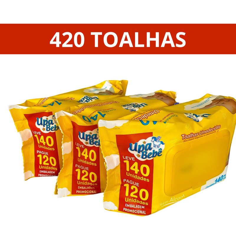Kit Toalhas Umedecidas Upa Bebê 420 Lenços (3 Pacote) Higiene e Cuidados Hipoalergênicas Sem Álcool C/Loção de Água Pura
