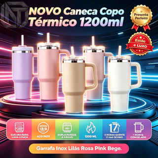 NOVO Caneca Copo Térmico 1200ml com Canudo – Mantém Gelado +12h! Garrafa Inox Lilás Rosa Pink Bege