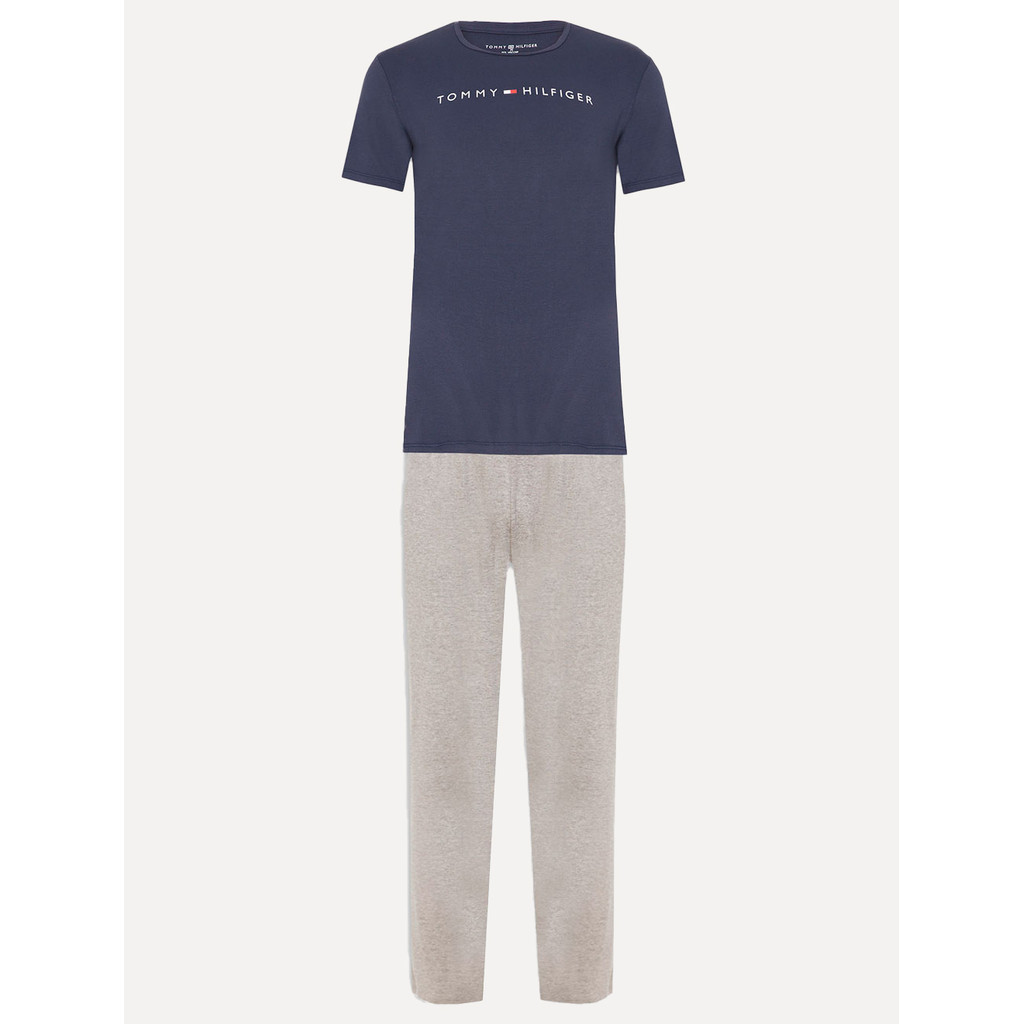Pijama Tommy Hilfiger Original Masculino Manga Curta Calça Essentials Set Marinho/Cinza